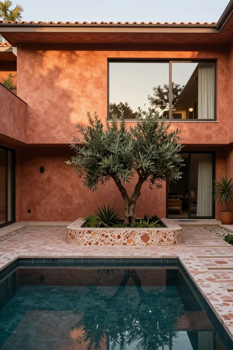 Terracotta stucco modern house exterior with large glass doors and windows, dark pool edged in terracotta tiles, raised tiled planter holding an olive tree, and potted plants nearby.