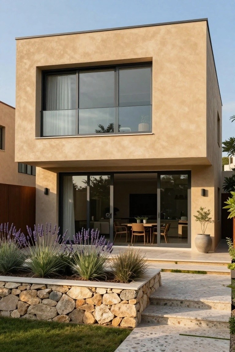 Beige stucco modern house with large glass balcony and sliding patio doors, edged by a raised stone planter bed containing lavender and ornamental grasses, with stone steps descending to a lawn.