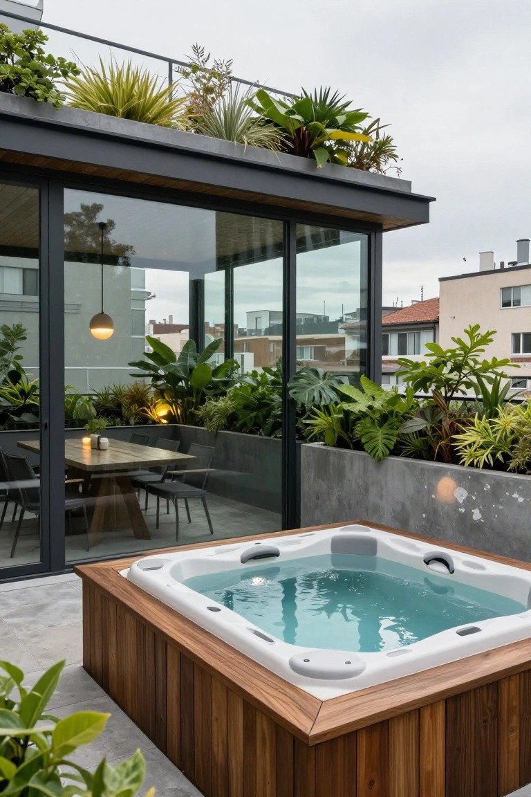 Rooftop terrace with a square hot tub in a wooden surround, surrounded by tropical plants in concrete planters, a glass lounge area, dining table, and city views.