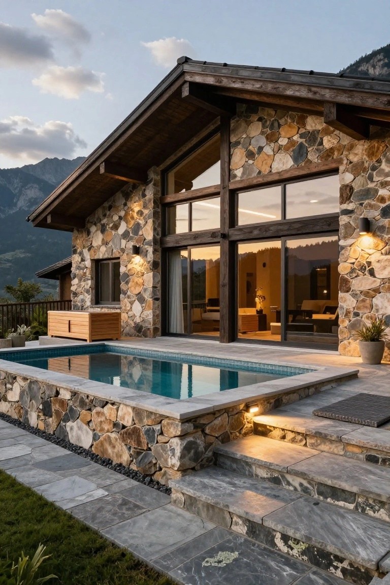 Modern stone villa with pool at dusk, mountain view.