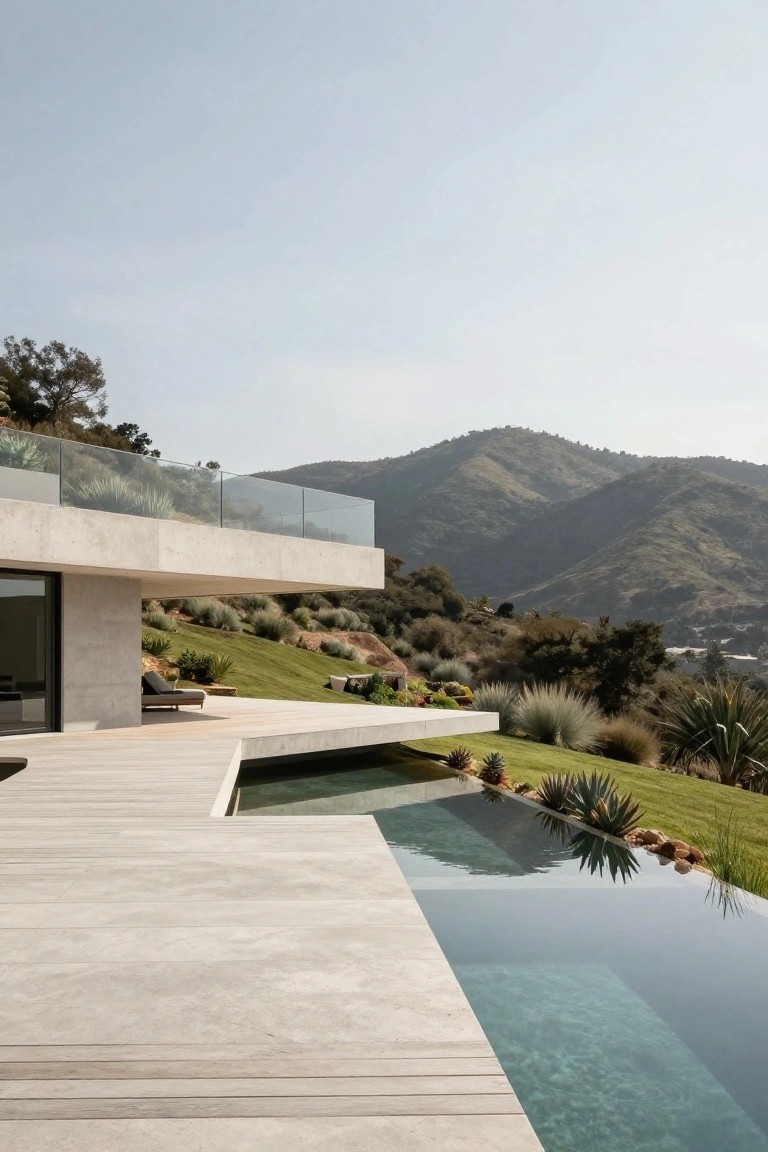 Modern concrete villa on a hillside with cantilevered terrace, wooden decking leading to infinity-edge pool, glass railings, lounge chairs, agave plants, and mountain views.