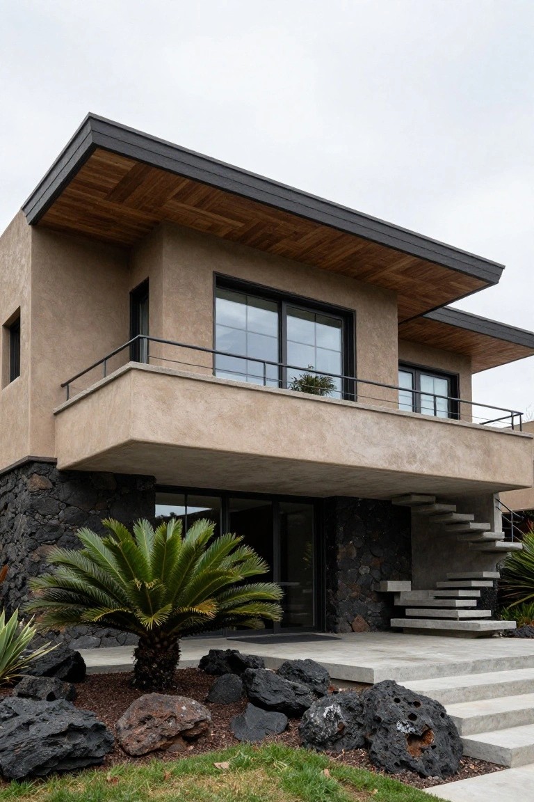 Beige stucco contemporary house with black volcanic stone base walls, wooden roof overhang, glass balcony, entry door with floating concrete steps, sago palm tree, lava rocks in garden beds, and grass lawn.