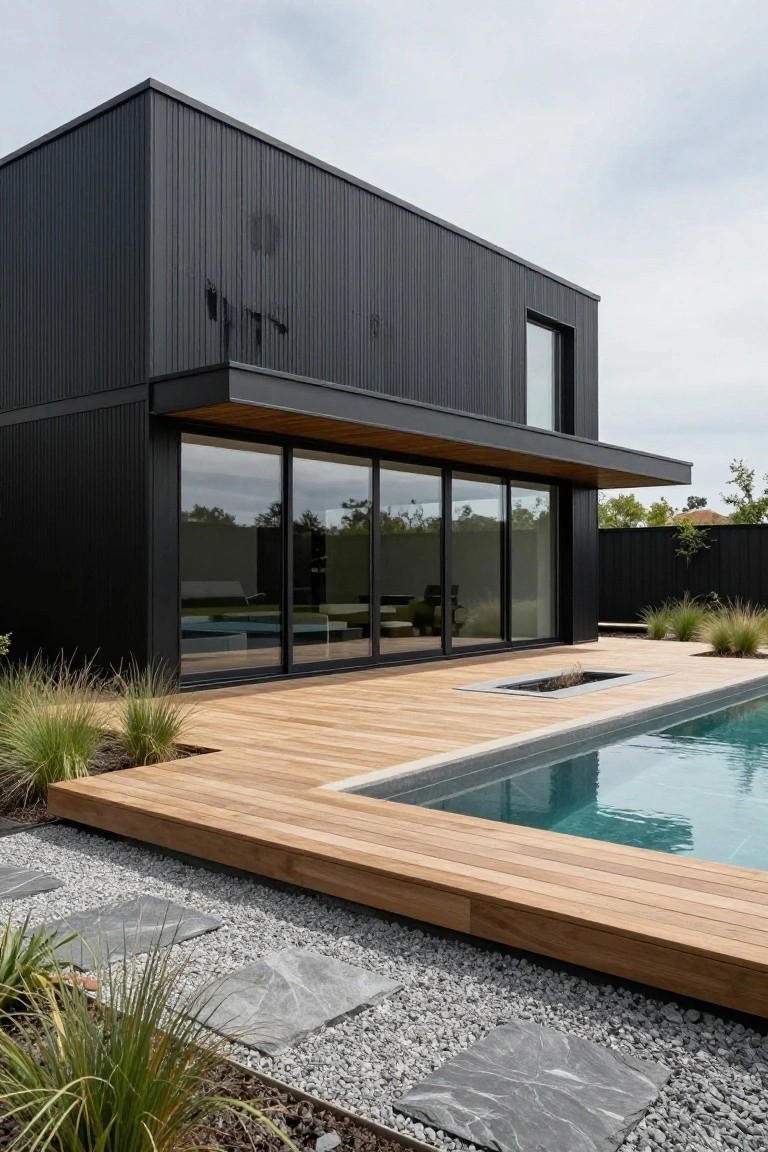 Modern black rectangular house with vertical cladding and large sliding glass doors opening to a raised light wood deck bordering a rectangular in-ground pool, with gravel ground cover, stone pavers, and ornamental grasses.