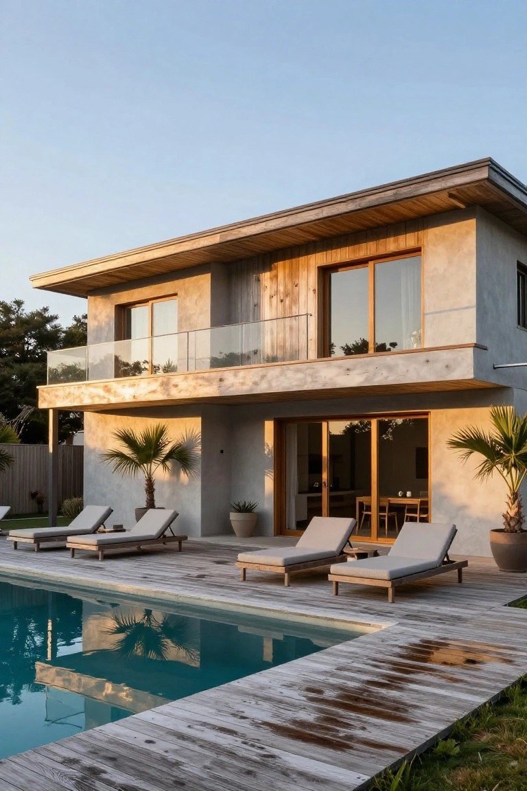 Two-story contemporary house with wood-clad upper level and plaster lower walls, glass balcony, wooden deck with lounge chairs around turquoise pool, and palm trees nearby.
