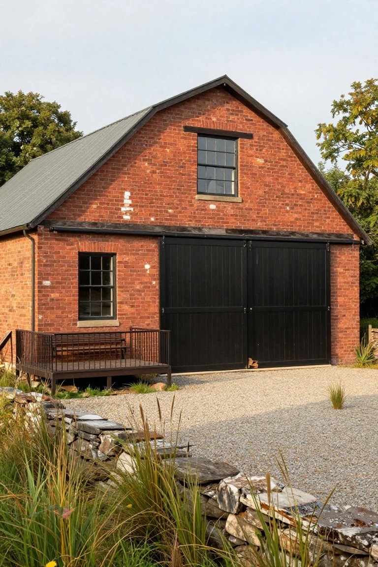 Red brick barn-style building with gabled metal roof, large black sliding barn doors, small windows, wooden deck with bench and metal railing, gravel ground, stone walls, and tall grasses.