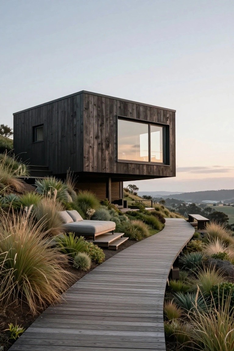 Black timber-clad cube house elevated on a hillside with a winding wooden boardwalk path through native grasses and succulents leading to a daybed terrace and bench, overlooking rolling hills at dusk.