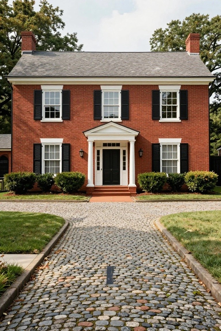 Red brick two-story house with black shutters, white columned portico over black front door, brick steps, boxwood shrubs, and curved cobblestone driveway on green lawn.