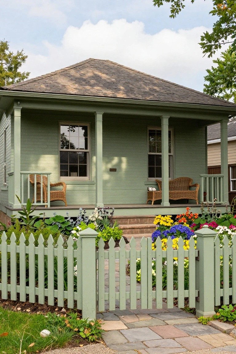 Charming sage-green cottage with white picket fence and vibrant flower garden.
