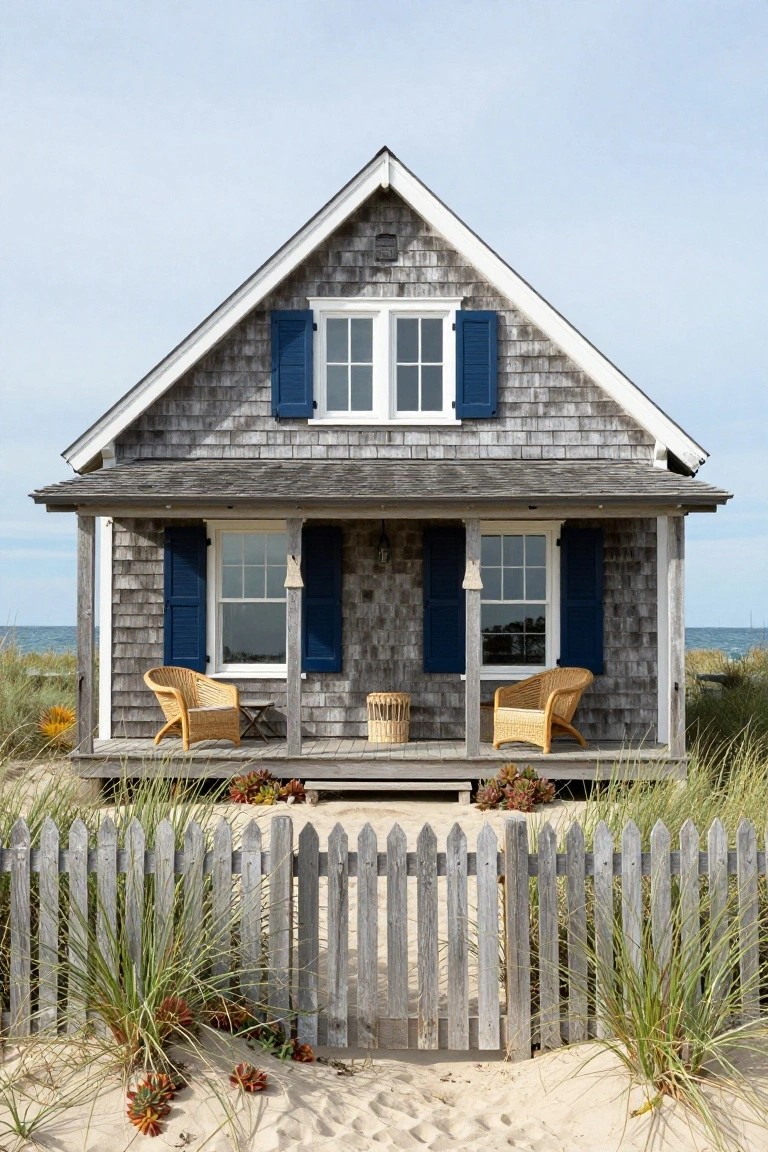 Gray shingle-clad cottage with white trim, blue shutters, covered front porch holding two wicker chairs and a stool, white picket fence enclosing dune grass and sand near the ocean.