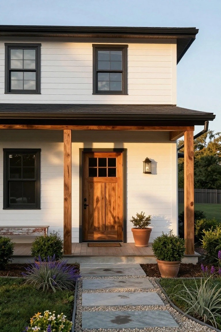 White clapboard house with black window frames and roofline, covered front porch supported by wooden posts, wooden door with glass panels, potted plants on porch, stone pathway, and landscaped yard with grasses and shrubs.