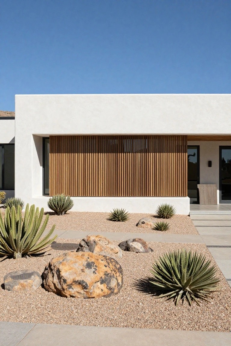 White stucco modern house exterior featuring wooden slat screen near glass entry doors, with gravel yard containing large boulders, agave plants, and yucca under clear blue sky.