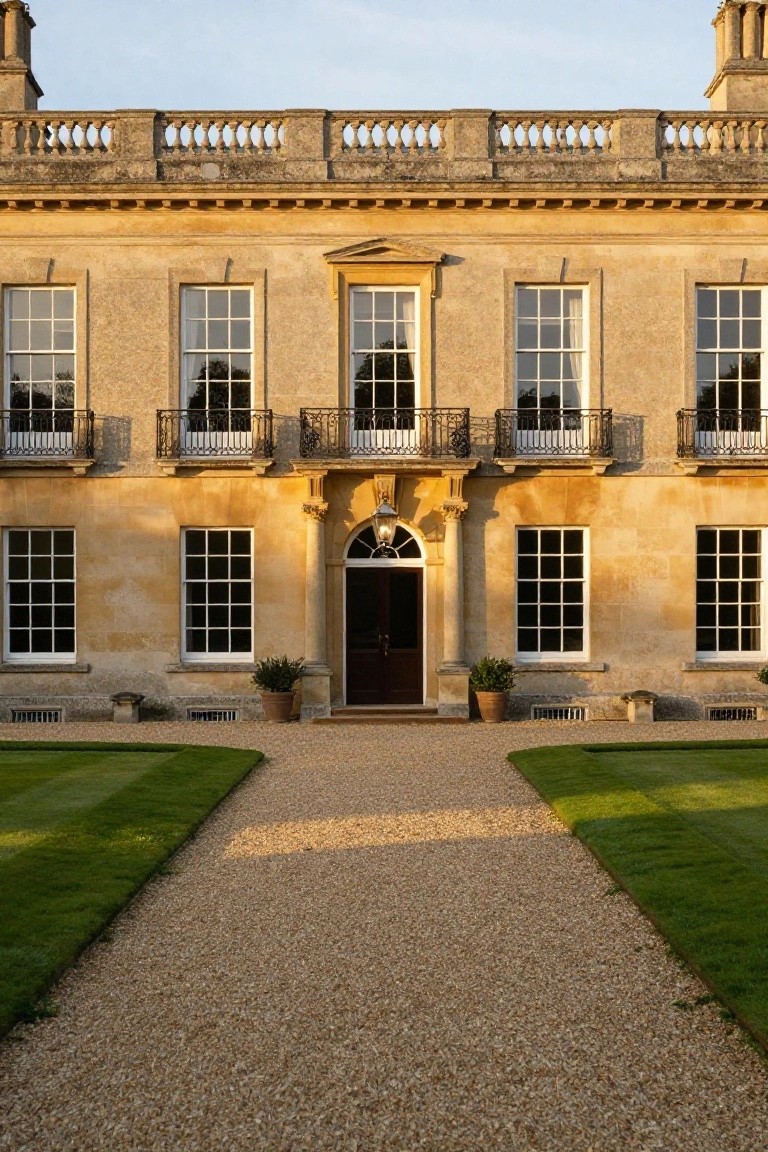 Symmetrical honey-colored stone house with tall sash windows, iron balconies, central columned entrance, gravel path, and flanking manicured lawns.