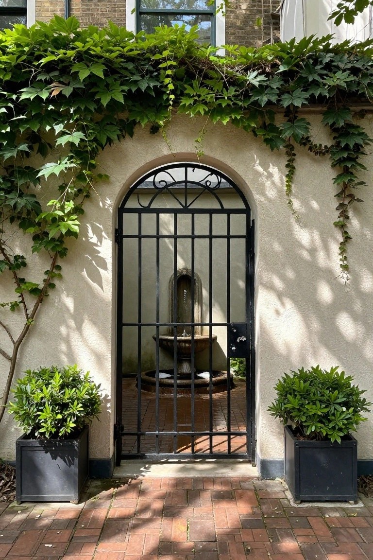 Black metal gate with fountain behind, flanked by potted shrubs and ivy.