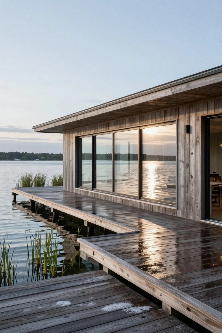 Modern house clad in gray vertical wood planks built on a pier over a lake, with large sliding glass doors facing the water, a wooden deck extending alongside, and reeds in the foreground at sunset.