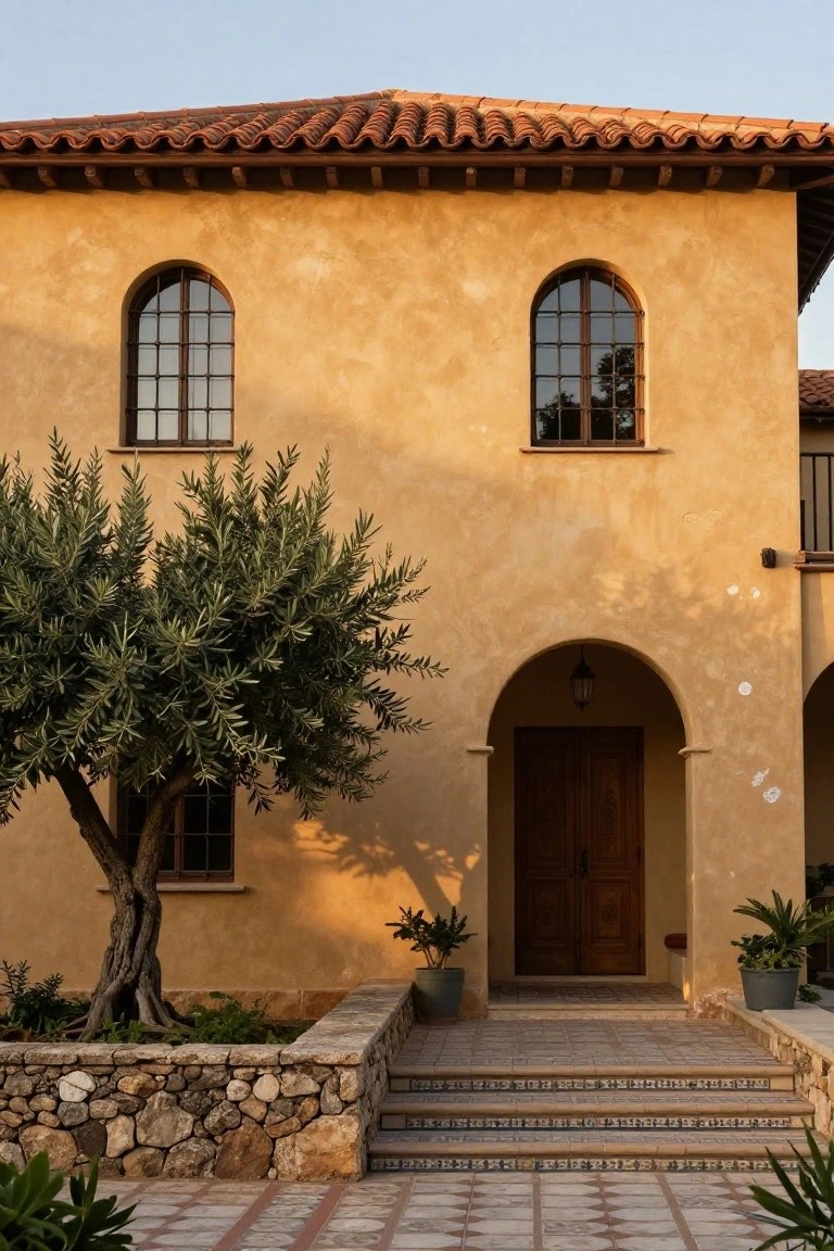 Ochre stucco house with red terracotta tile roof, large olive tree beside arched wooden double doors, potted plants on steps, and stone retaining wall with tiled landing.