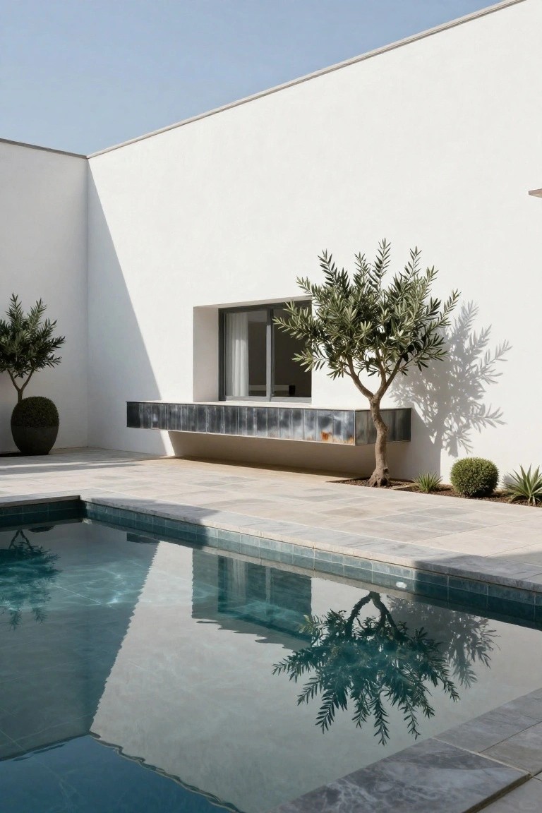 White stucco modern house wall with a narrow window, metal ledge, olive trees, potted plants, stone pool deck, and turquoise pool with tree reflections.
