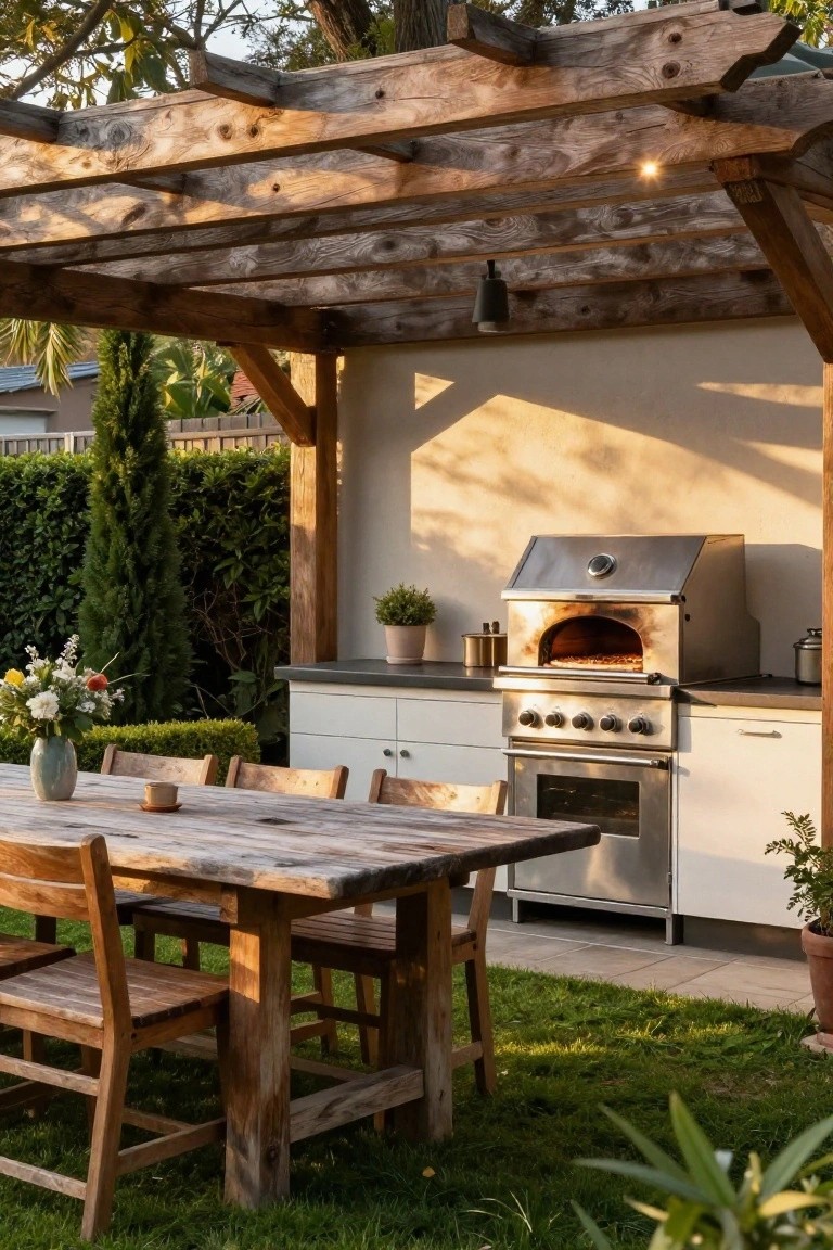 Backyard patio under wooden pergola with stainless steel pizza oven and grill on stone countertop, white cabinets, rustic wooden dining table and chairs, potted plants, hedges, and grass.