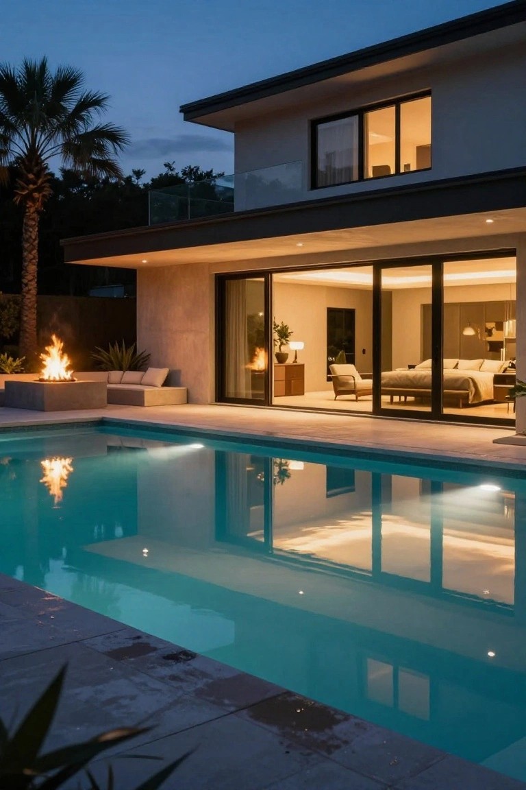 Modern stucco house at dusk with infinity-edge pool, concrete fire pit, outdoor seating, palm trees, and large sliding glass doors open to bedroom.