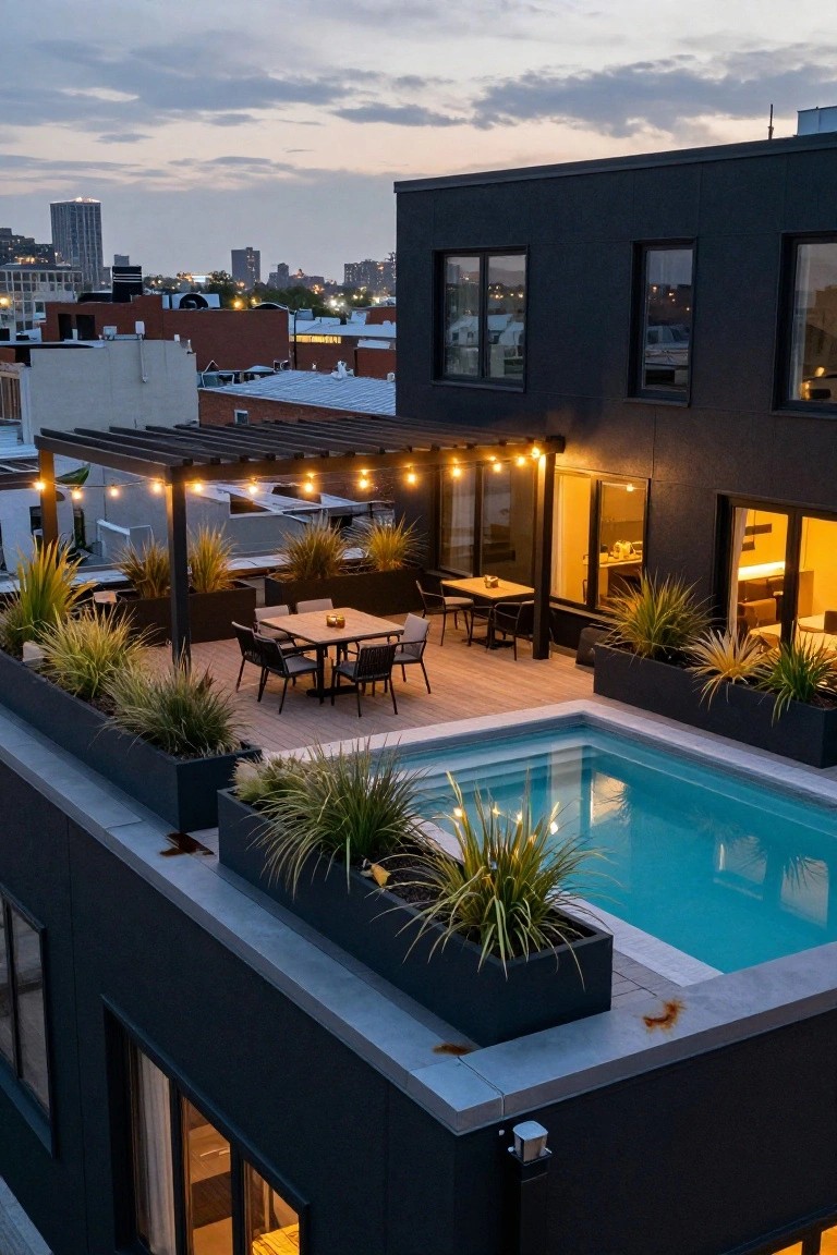 Aerial photo of a dark modern building rooftop with wooden deck, small rectangular swimming pool edged by large potted grasses, pergola strung with lights over a dining table, and city skyline at dusk.
