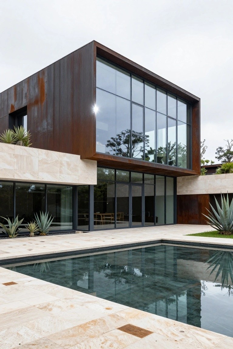 Modern house exterior with rusted metal cladding on upper walls, large glass windows, beige stone base, adjacent rectangular pool, and agave plants on a travertine patio.