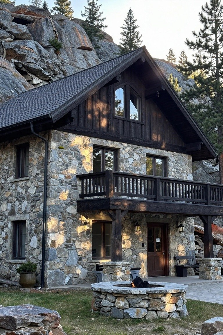 Rustic cabin exterior with gray stone walls, dark wood timber framing and balcony, wooden front door, stone fire pit, and surrounding rocks and pine trees on a mountainous site.