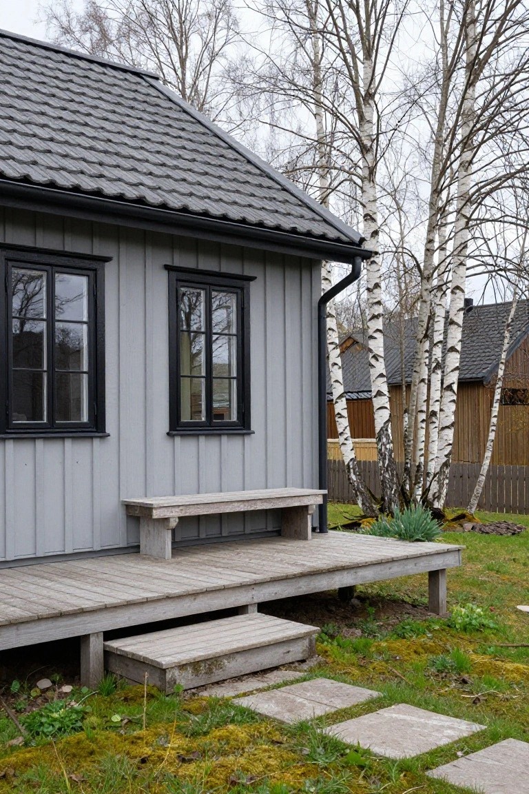 Gray wooden house with black windows and deck in birch forest.