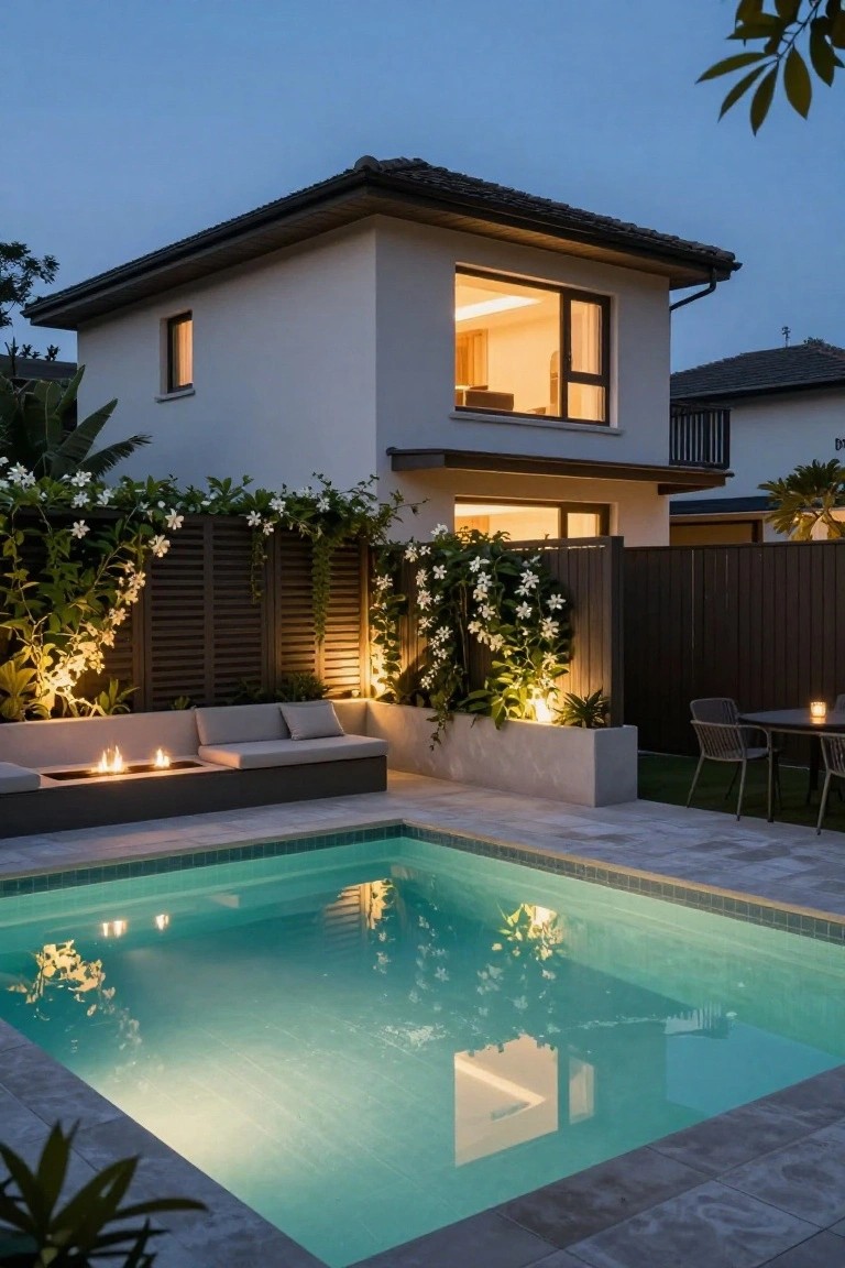 Modern white two-story house at dusk with warm interior lights visible through large windows, overlooking a glowing turquoise pool surrounded by slatted dark wood fences covered in white climbing flowers, a low fire pit with seating cushions, and an outdoor dining table.