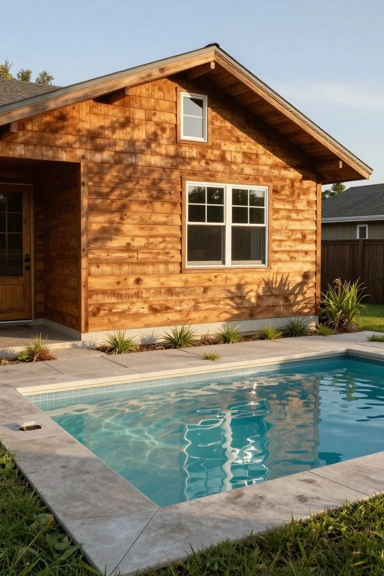 Wooden shingled house with a small turquoise pool built adjacent to its foundation on a concrete deck edged with grasses and plants.