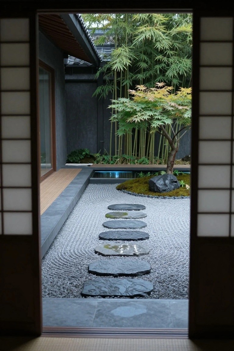 Open shoji screen doors framing a Japanese zen garden with raked white gravel, flat black stepping stones, bamboo plants, a small maple tree, mossy plantings, rocks, and a water feature.