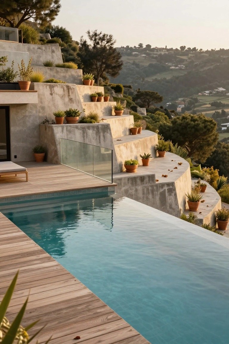 Infinity-edge pool on a wooden deck next to multi-level concrete retaining walls holding terracotta pots of grasses and succulents on a hillside with valley views.