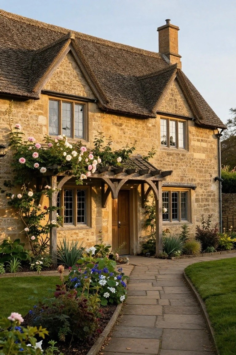 Honey-colored stone cottage with steeply pitched thatched roof, wooden porch covered in pink and white climbing roses, leaded glass windows, flower garden beds, and curved stone pathway to the front door.