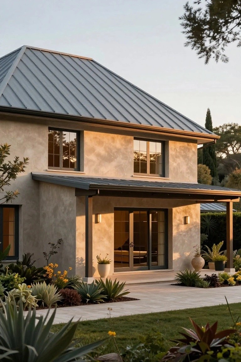 Beige stucco house with gray standing seam metal roof and covered porch entry featuring sliding glass doors, flanked by agave and succulent plantings along a stone pathway.