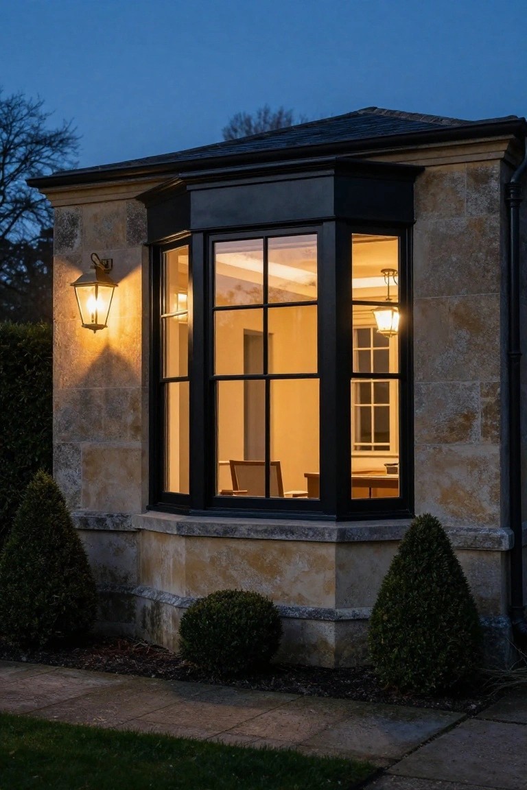 Stone house exterior with black-framed bay window glowing from interior lights and lit by an exterior lantern at dusk, surrounded by low shrubs and a pathway.