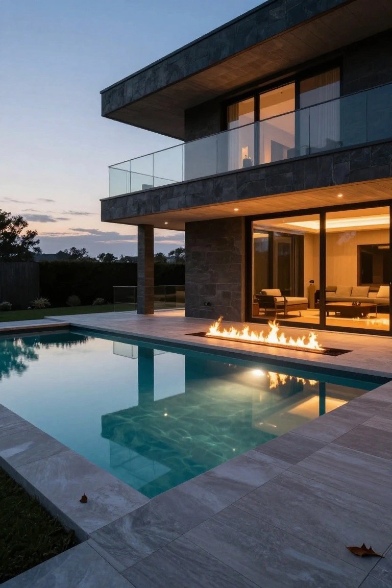 Modern mansion exterior at dusk with a rectangular pool, linear gas fire pit along the pool edge, stone and glass architecture, balcony, and landscaped yard.