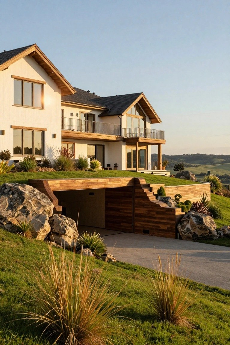 Modern white house on a grassy hillside with a wooden carport entrance framed by large boulders and plants, viewed from the driveway at dusk.