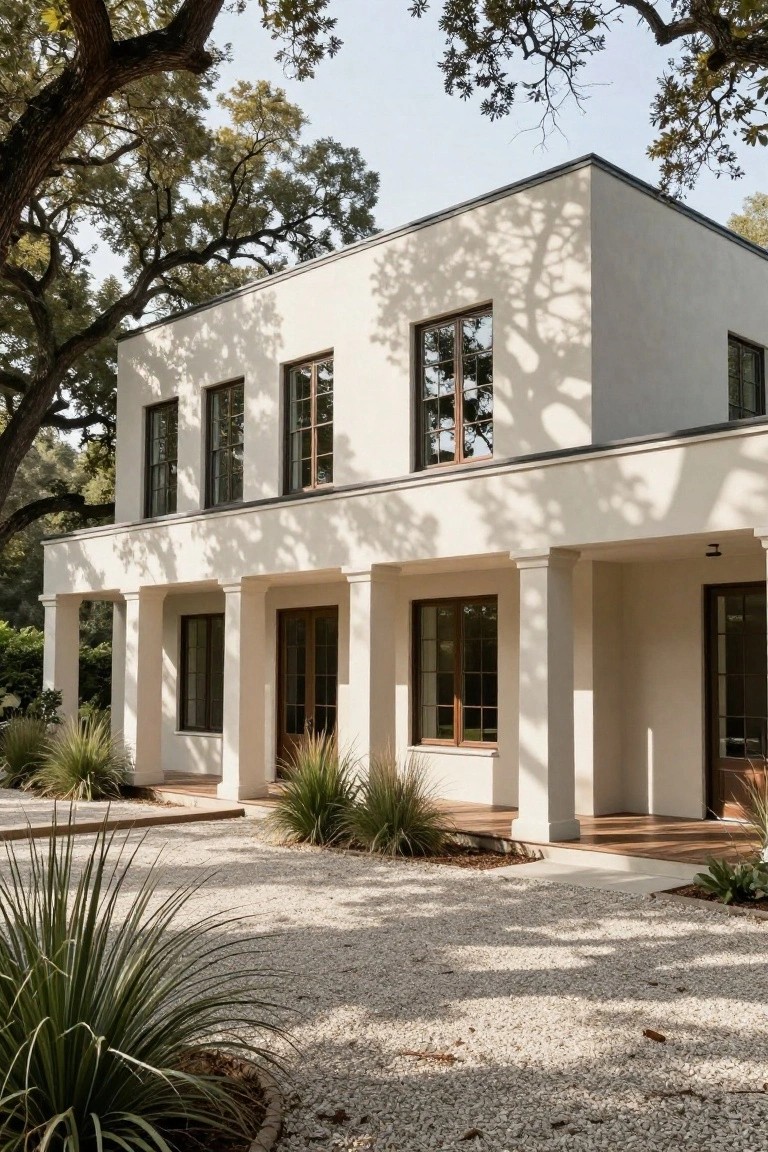 White stucco modern house with dark wood windows and doors, columned front porch, gravel pathway edged by grasses, and oak trees nearby.