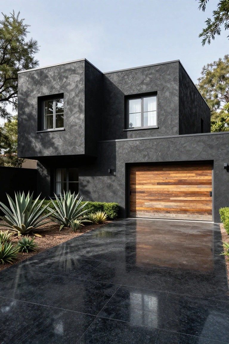 Modern house exterior featuring dark textured stucco walls, a horizontal wood slat garage door, polished black granite tile driveway, and agave plants with shrubs in the front yard.