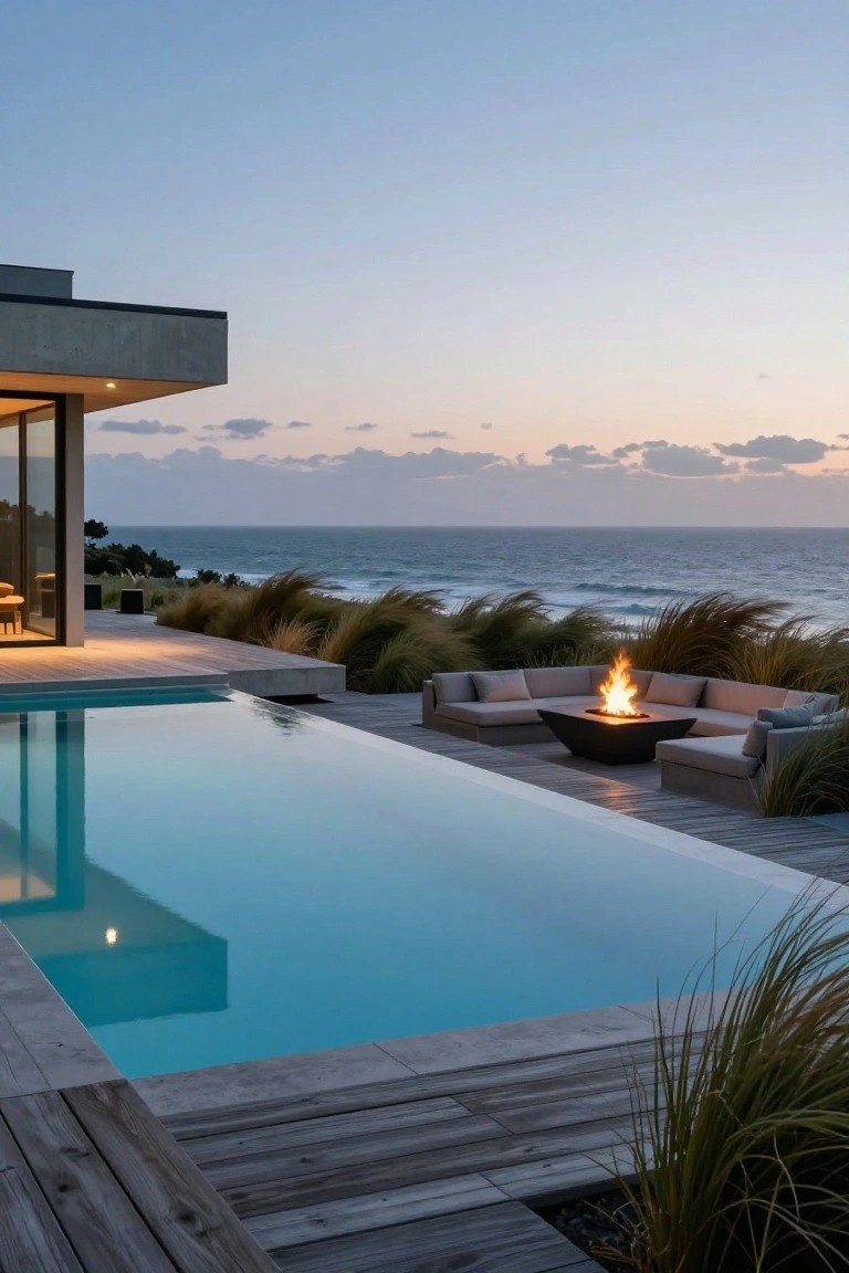 Modern wooden deck terrace with turquoise infinity edge pool, gray modular seating around black square fire pit, tall grasses, concrete house corner, and ocean view at dusk.