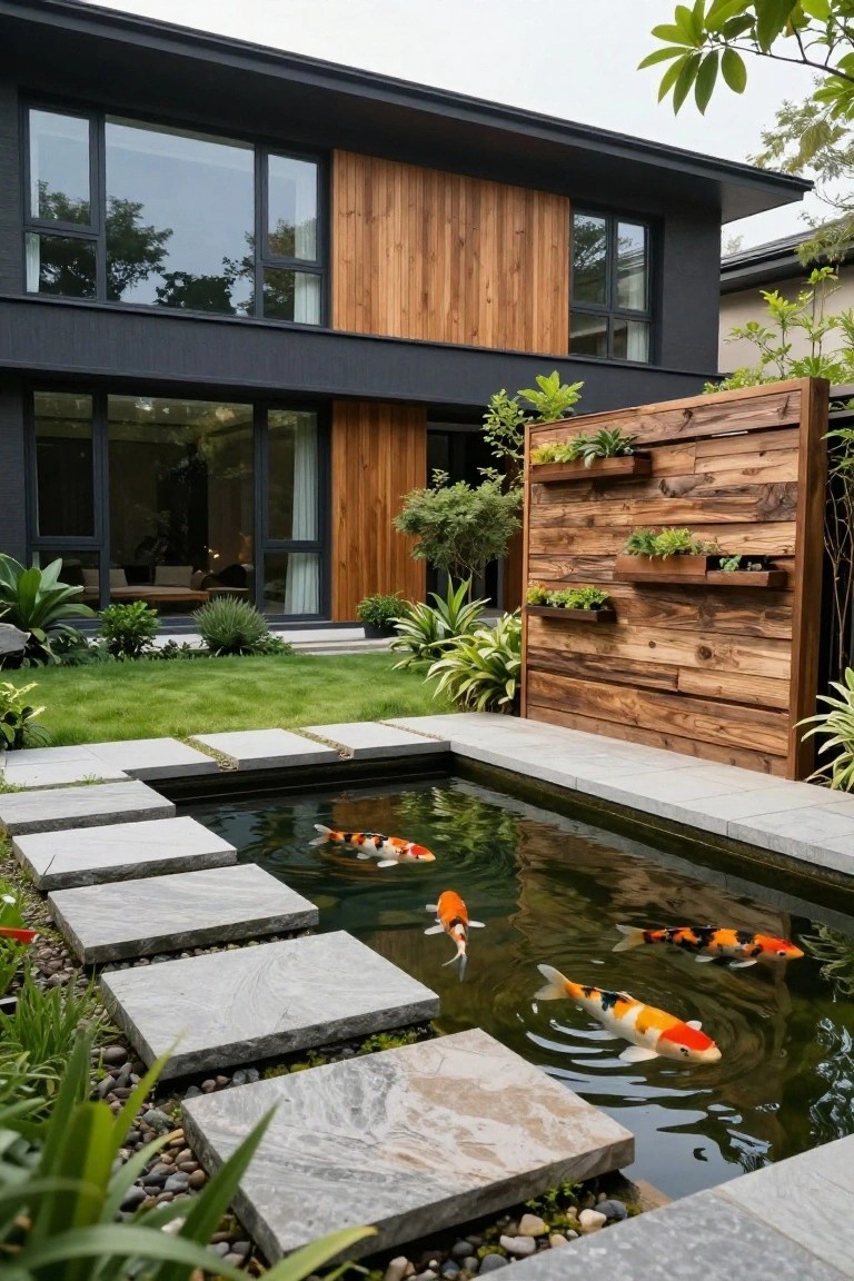 Modern black and wood house with large windows overlooking a rectangular koi pond containing orange and white koi fish, gray rectangular stepping stones crossing the pond, a wooden vertical planter wall, and surrounding green lawn and plants.