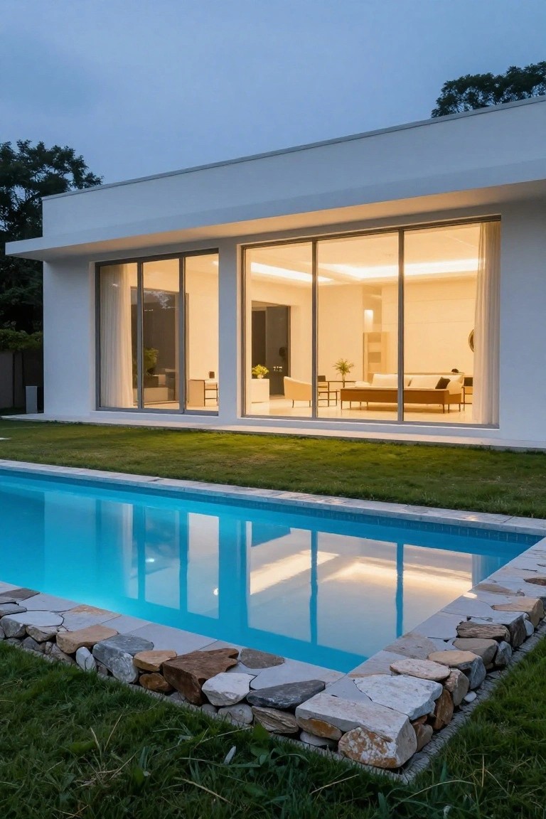 Modern white house exterior with floor-to-ceiling glass walls overlooking a rectangular turquoise pool edged in irregular natural stones and grass, viewed at dusk with interior lights on.