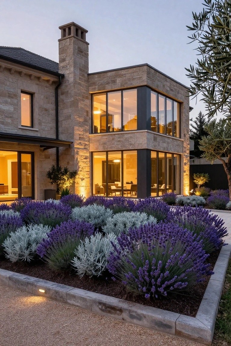 Stone and glass modern house exterior at dusk with a large bed of purple lavender and silver shrubs bordering a gravel driveway edged in stone, plus landscape uplights.