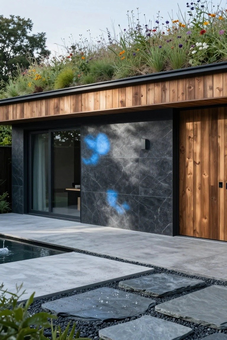 Modern home with wood siding, dark stone wall, and lush green roof.