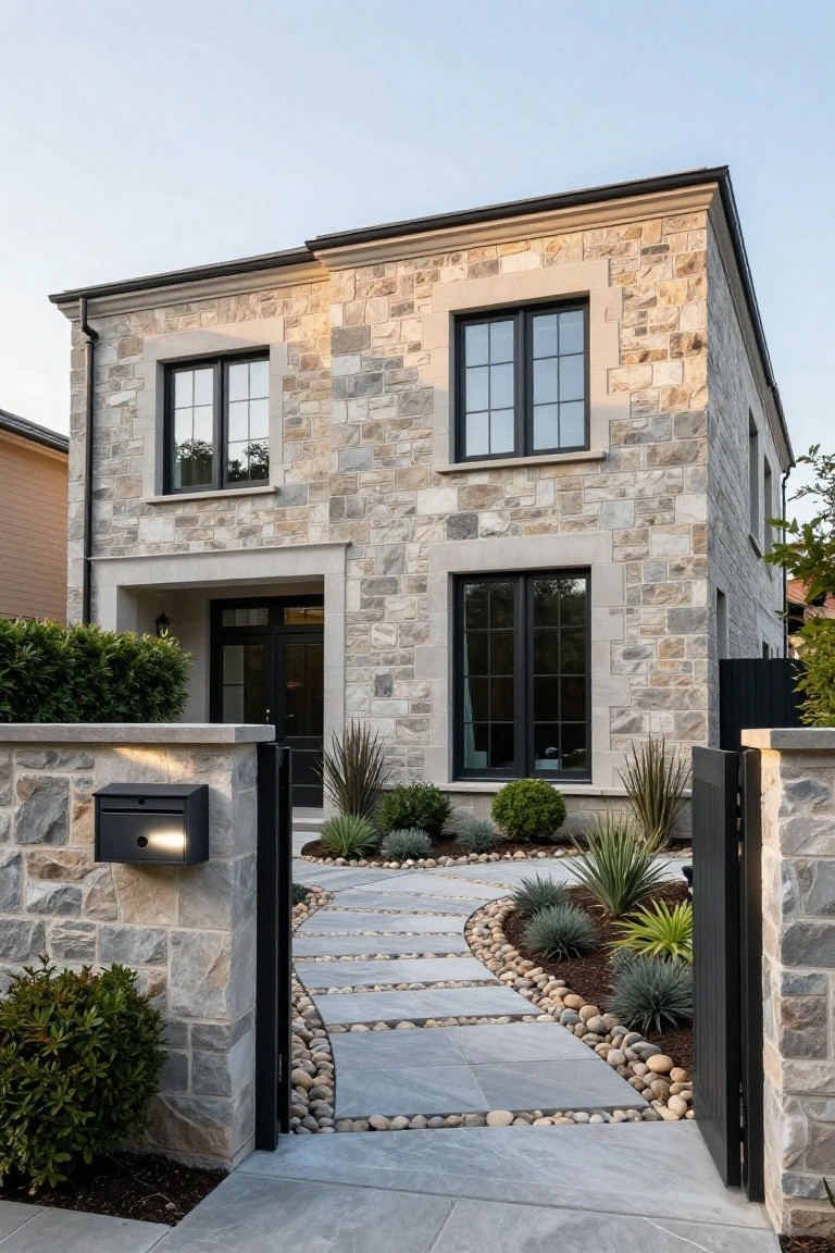Two-story modern house with light gray natural stone facade, black-framed windows, stone entry gate and walls, curved gray paver pathway with pebble borders, and drought-tolerant landscaping.
