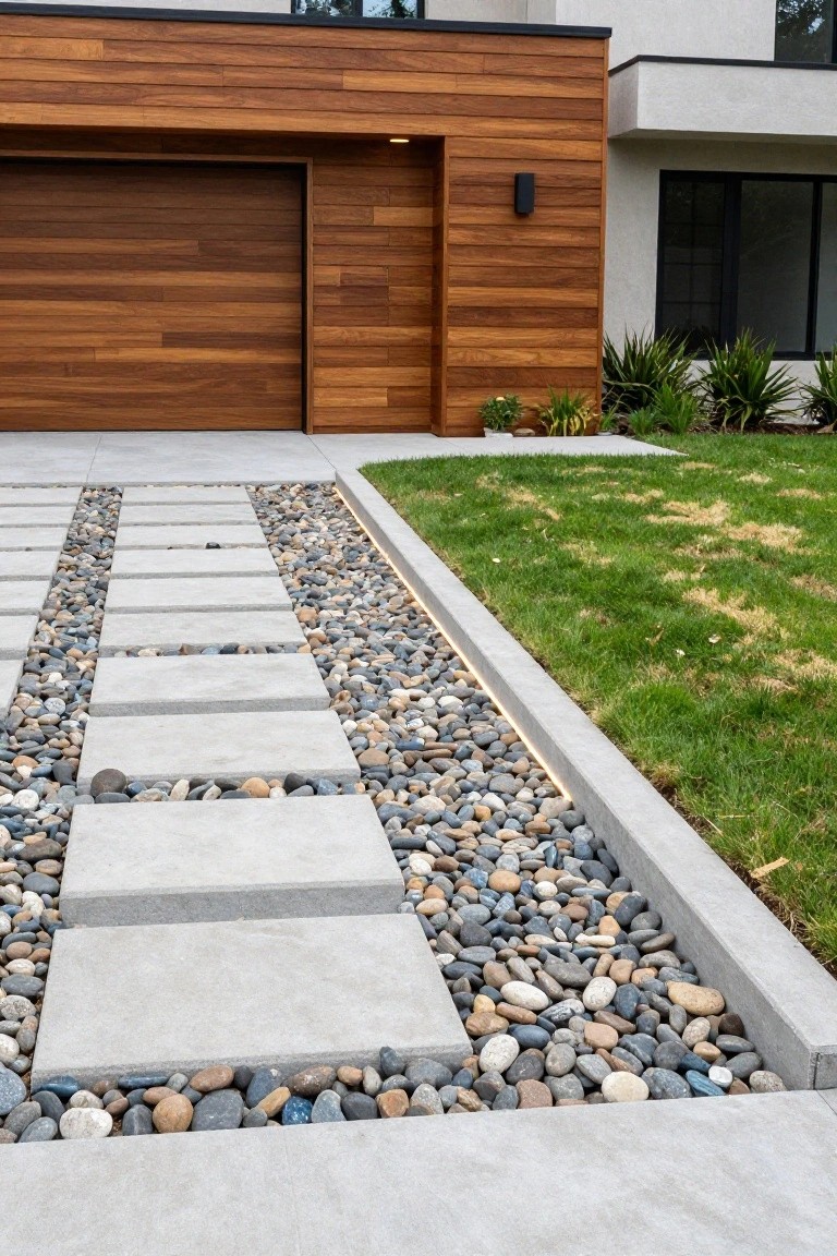 Modern home garage with horizontal wood cladding and a concrete driveway pathway of large rectangular pavers separated by strips of mixed pebbles, edged with low lighting and bordered by grass.