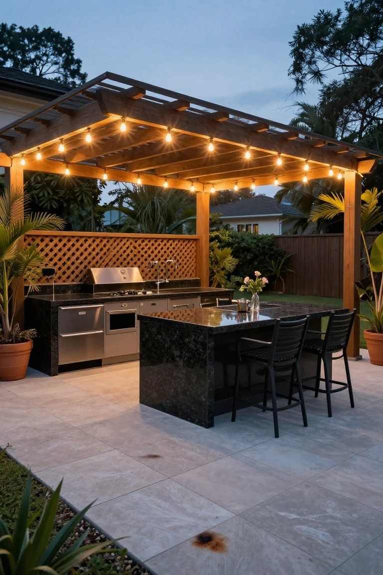 Modern outdoor kitchen with dark granite island, string lights, and bar stools under wooden pergola.