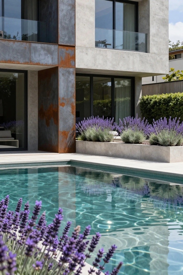 Modern house with pool, lavender plants, and rusted steel accents.