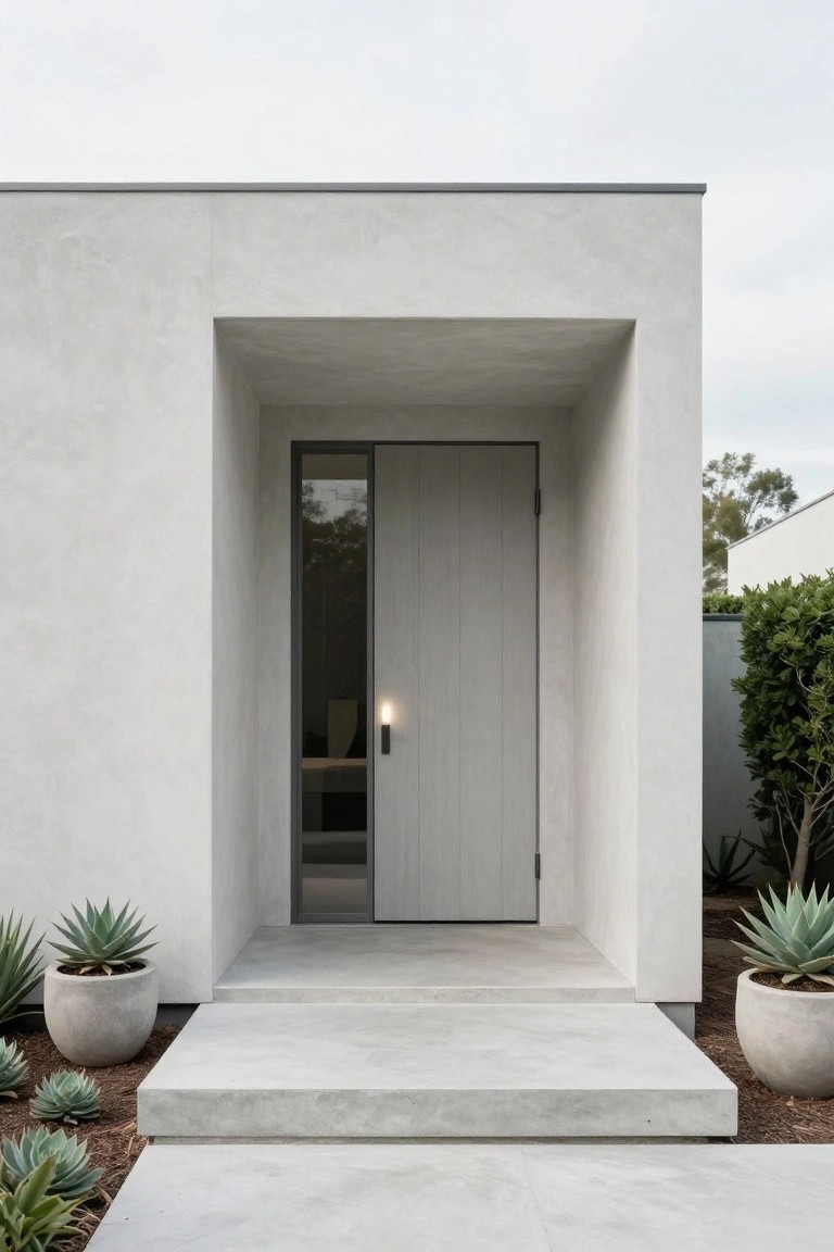 Modern minimalist concrete entrance with light wood door and agave plants.