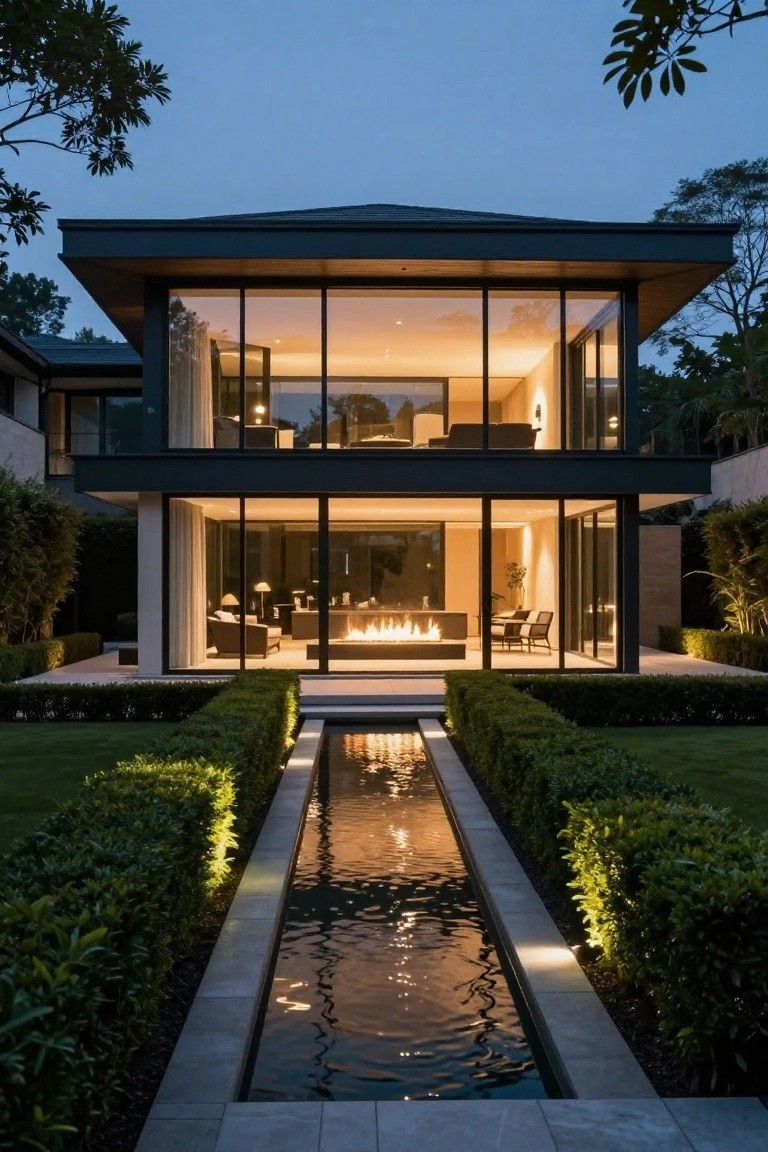 Modern two-story house with dark frames and large glass walls at dusk, fronted by a long reflecting pool between boxwood hedges on a lawn with edge lighting.