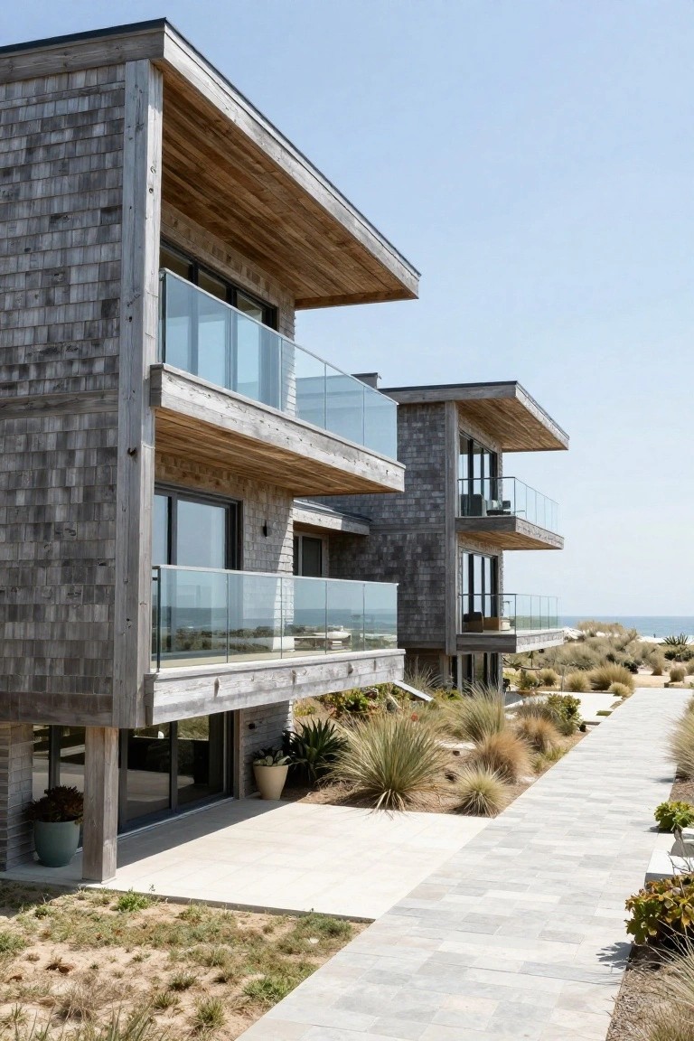 Gray shingle-clad modern houses elevated on posts amid beach dunes, featuring glass balconies, wood overhangs, stone pathway, and native grasses near the ocean.