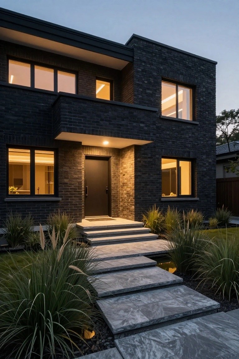 Modern two-story black brick house exterior at dusk with glowing interior lights through large windows, black front door under a light, wide gray veined stone steps flanked by tall ornamental grasses, and a small reflecting pool at the base.